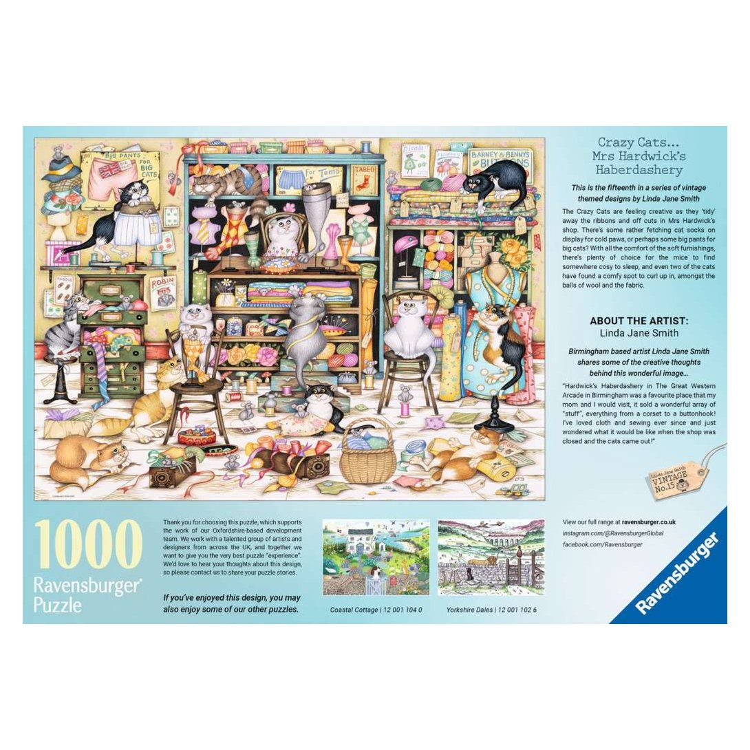 Crazy Cats: Mrs Hardwick's Haberdashery 1000 piece jigsaw puzzle by Ravensburger, alternate view