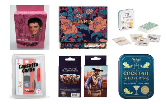 A selection of playing card decks from Jigsaws Australia, including Elvis Presley, Liberty, Cat Lover's, Cassette, John Wayne and Cocktail Lover's
