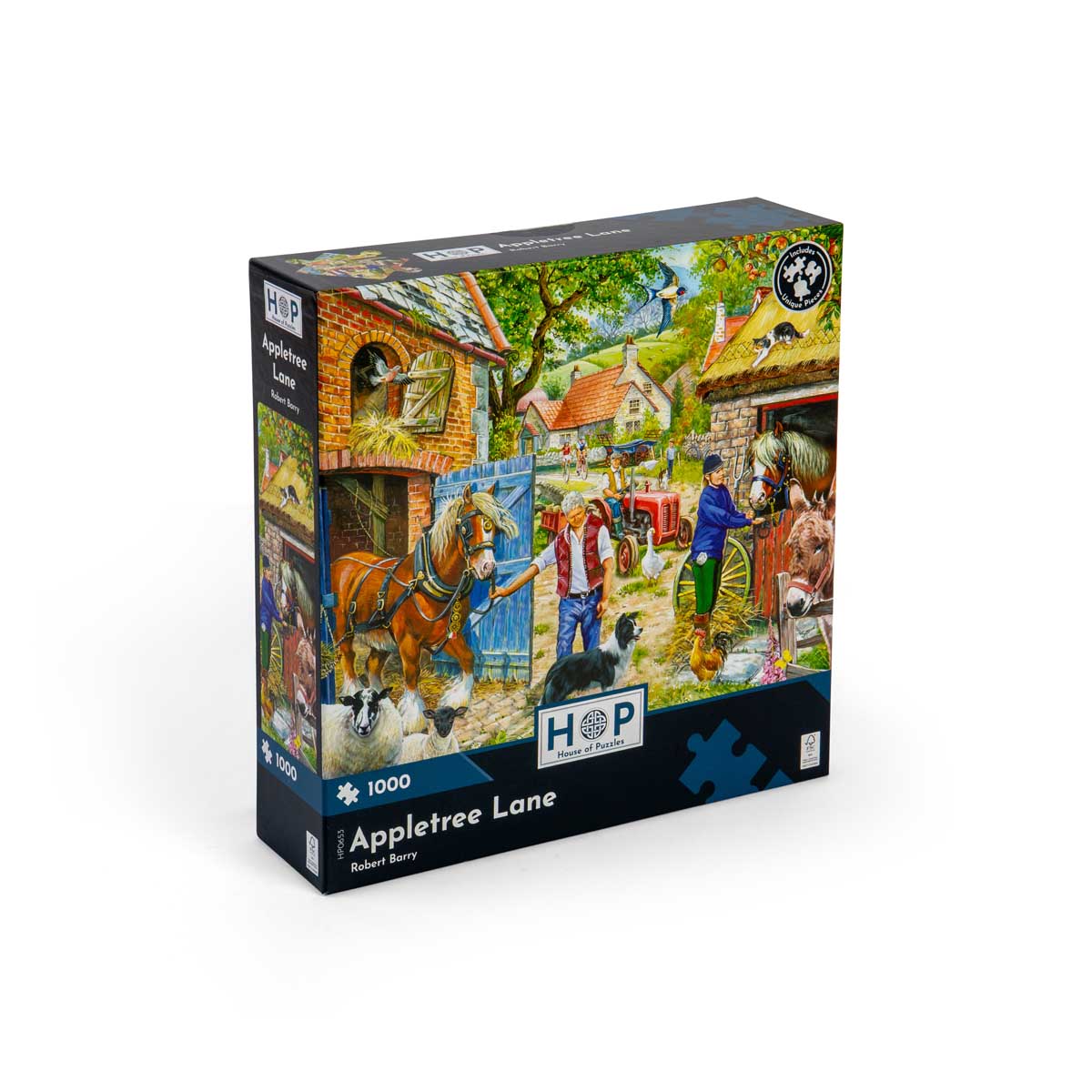 Appletree Lane 1000-piece jigsaw puzzle by House of Puzzles — a countryside stable scene illustrated by Robert Barry