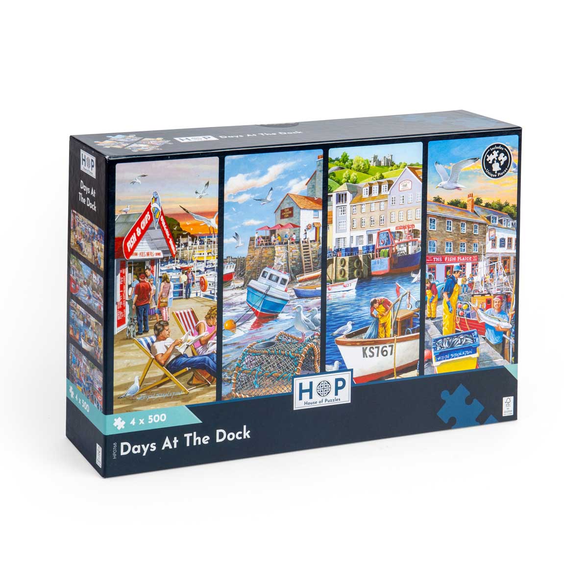 Days at the Dock — 4 x 500 piece jigsaw puzzle set by House of Puzzles, featuring four harbour and dockside scenes